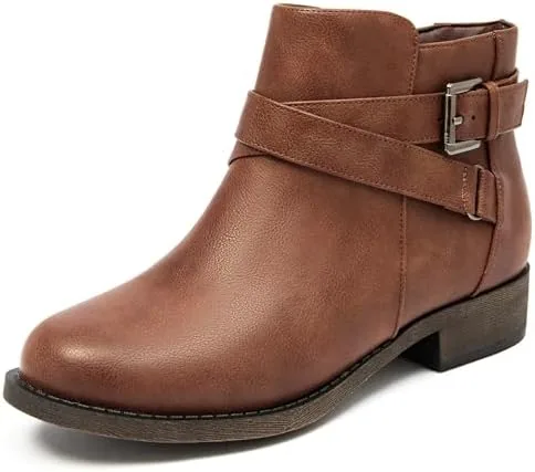 ataiwee womens ankle boots cover with buckle strap comfortable platform round toe classic side zip low chunky heel comfort slip on fashion dark brown bootspu8