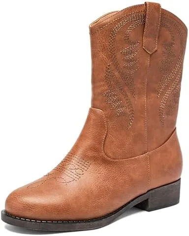 ataiwee womens cowboy cowgirl bootsmid calf boots with side zip and chunky heelembroidered fashion western boots2404011brpu85