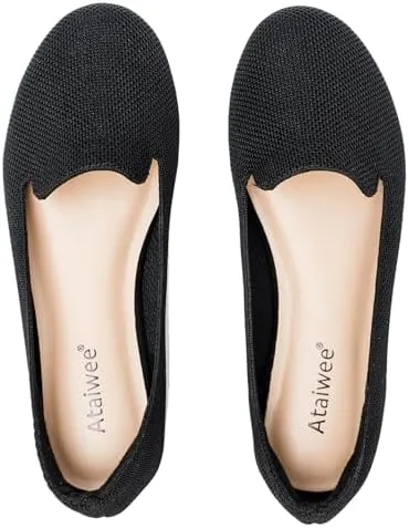 ataiwee womens wide width flat shoes comfortable knit round toe slip on ballet flats dressy casual shoes for office work black 95 w us